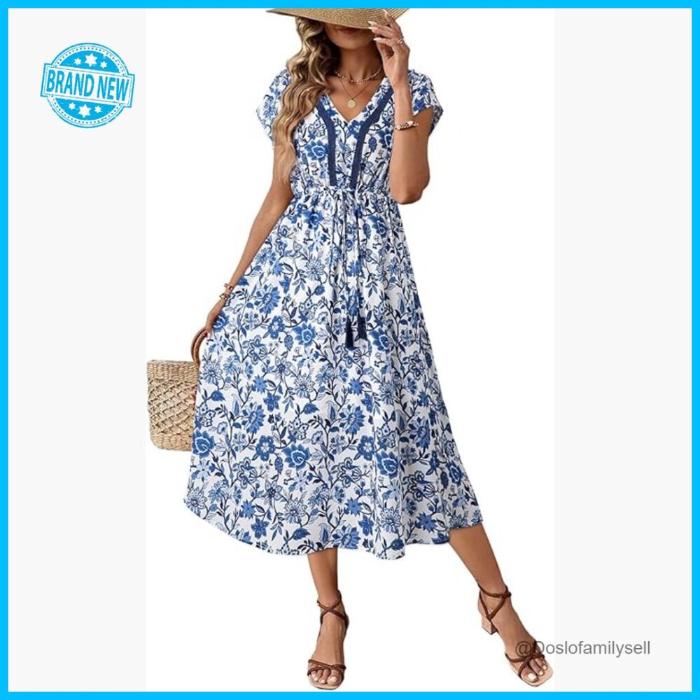 Floral A-Line Sundress Loose Fit V-Neck Cap Sleeve Summer Beach Casual Dress